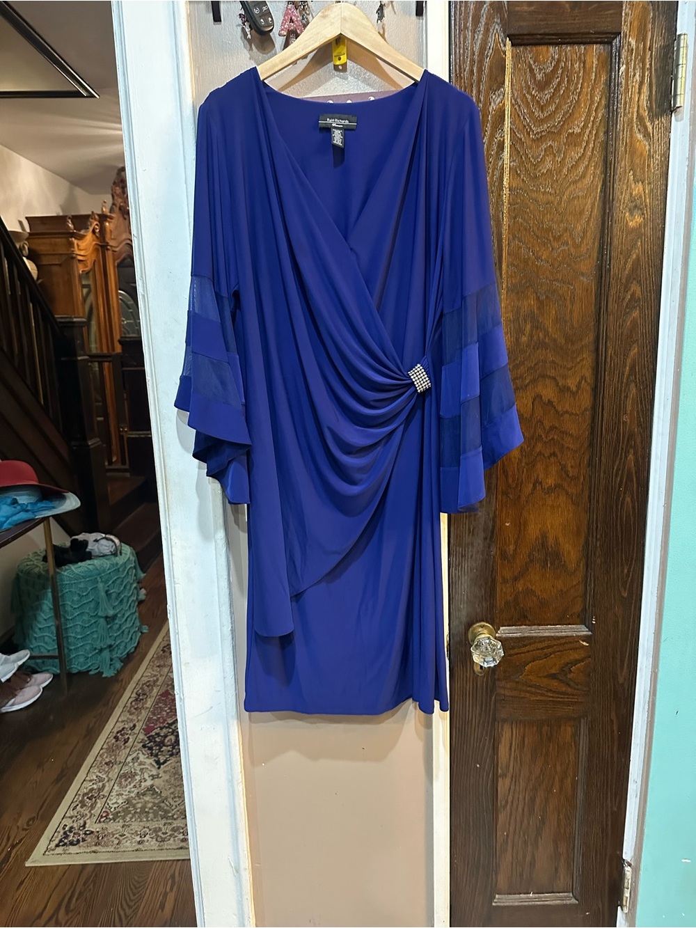 R&M Richards Royal Blue Draped Midi Dress with Rhinestone Accent